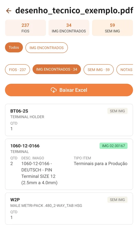 Tela do aReader com a lista de itens extraídos de um desenho técnico
